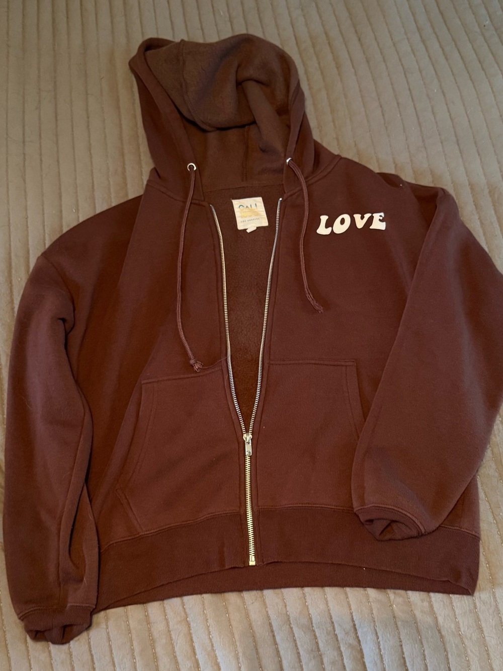 Love Graphic Zip-Up Varsity Hoodie Jacket - Brown